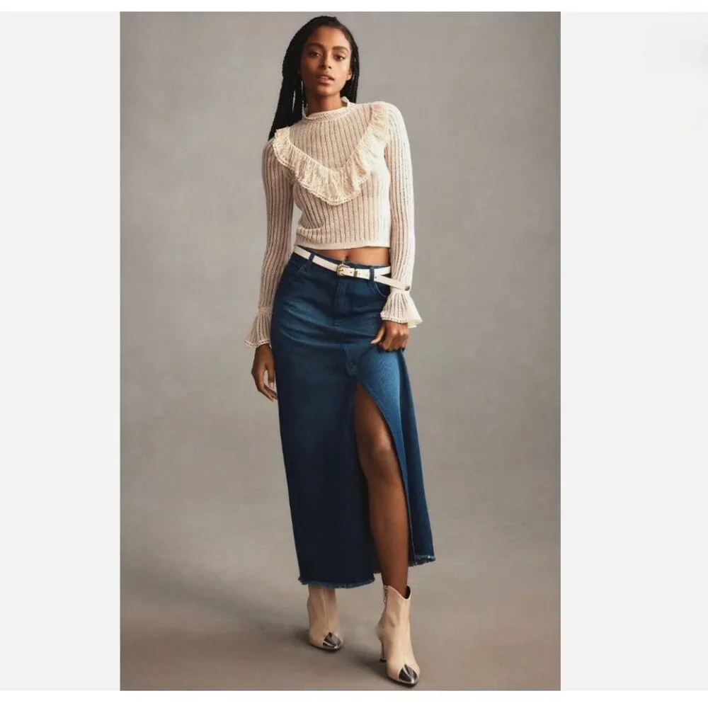 NWT Anthropologie Pilcro Madi Front Slit Denim Maxi Skirt Raw Hem Size 4